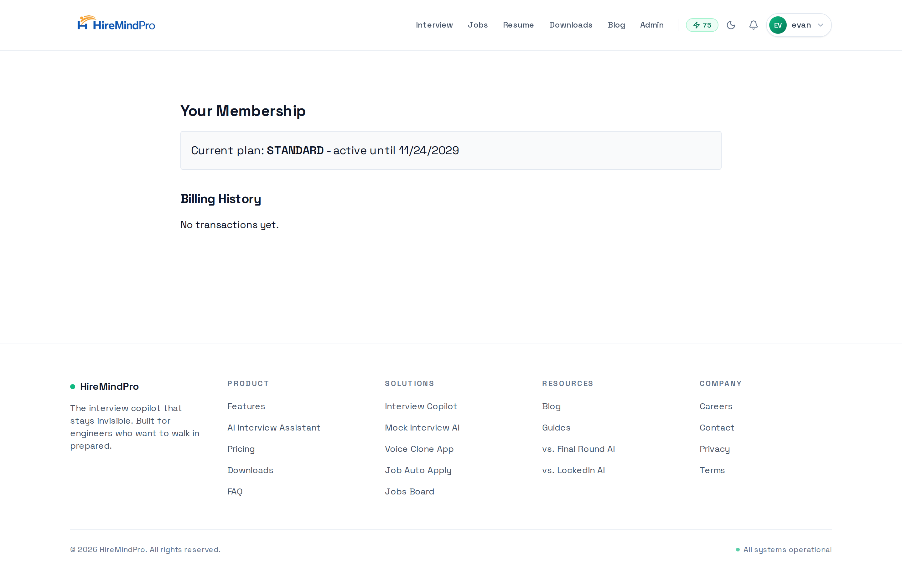The Billing page showing current plan and USD billing history