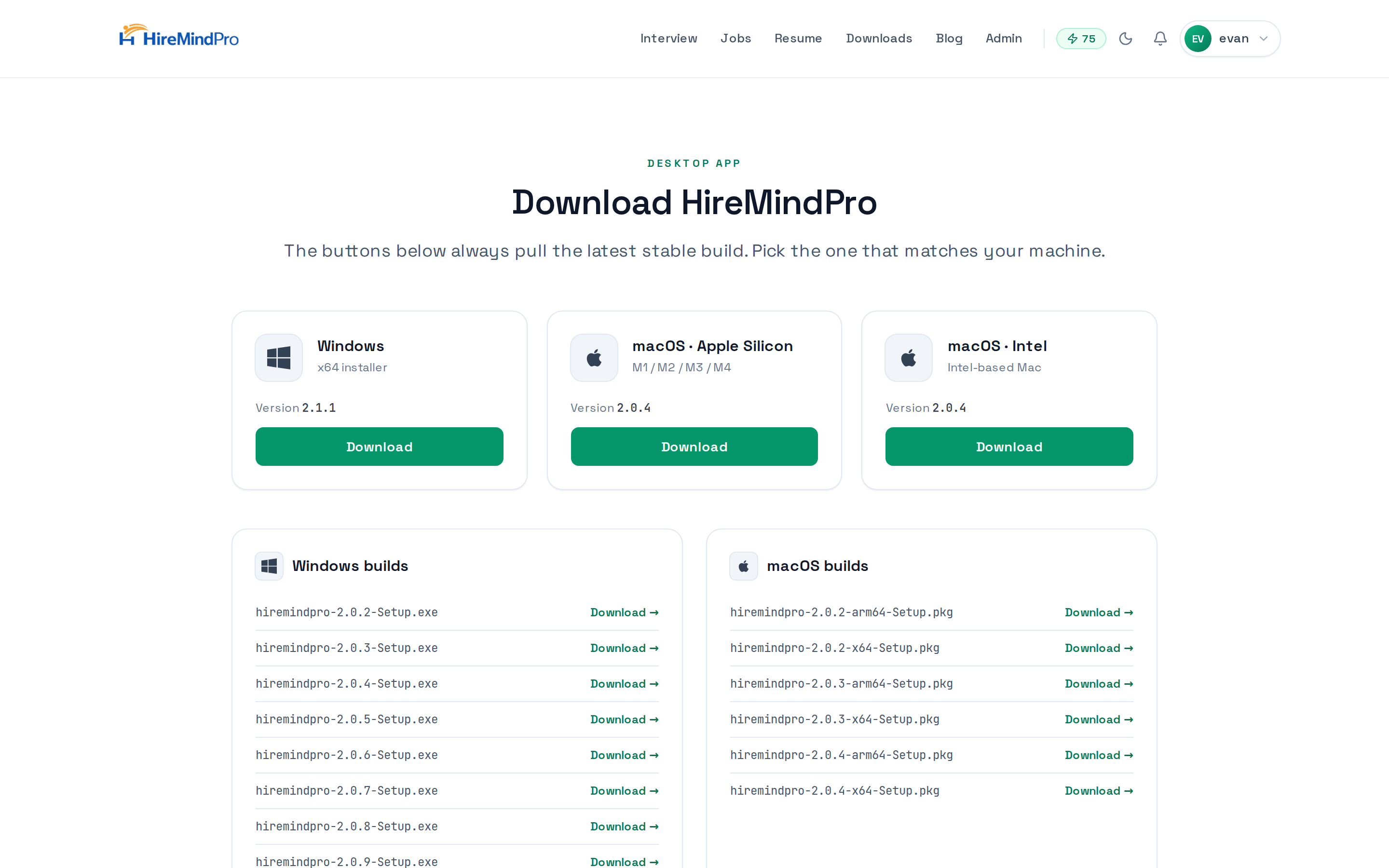 The Downloads page with platform cards for Windows, macOS Apple Silicon, and macOS Intel, each showing its version and Download button.