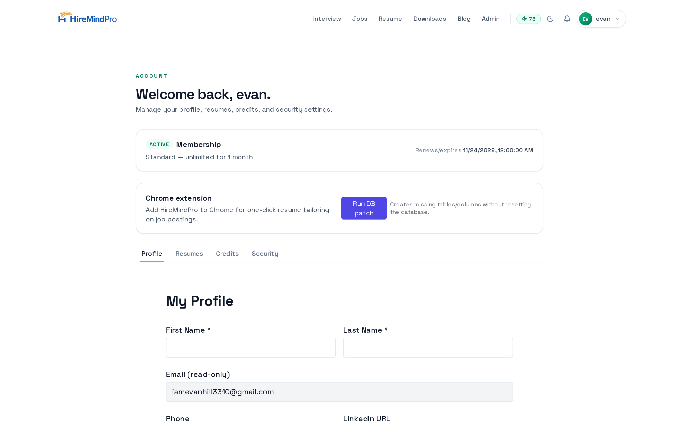 The top navigation bar after login showing Interview, Jobs, Resume, Downloads, the credit balance, and the account menu