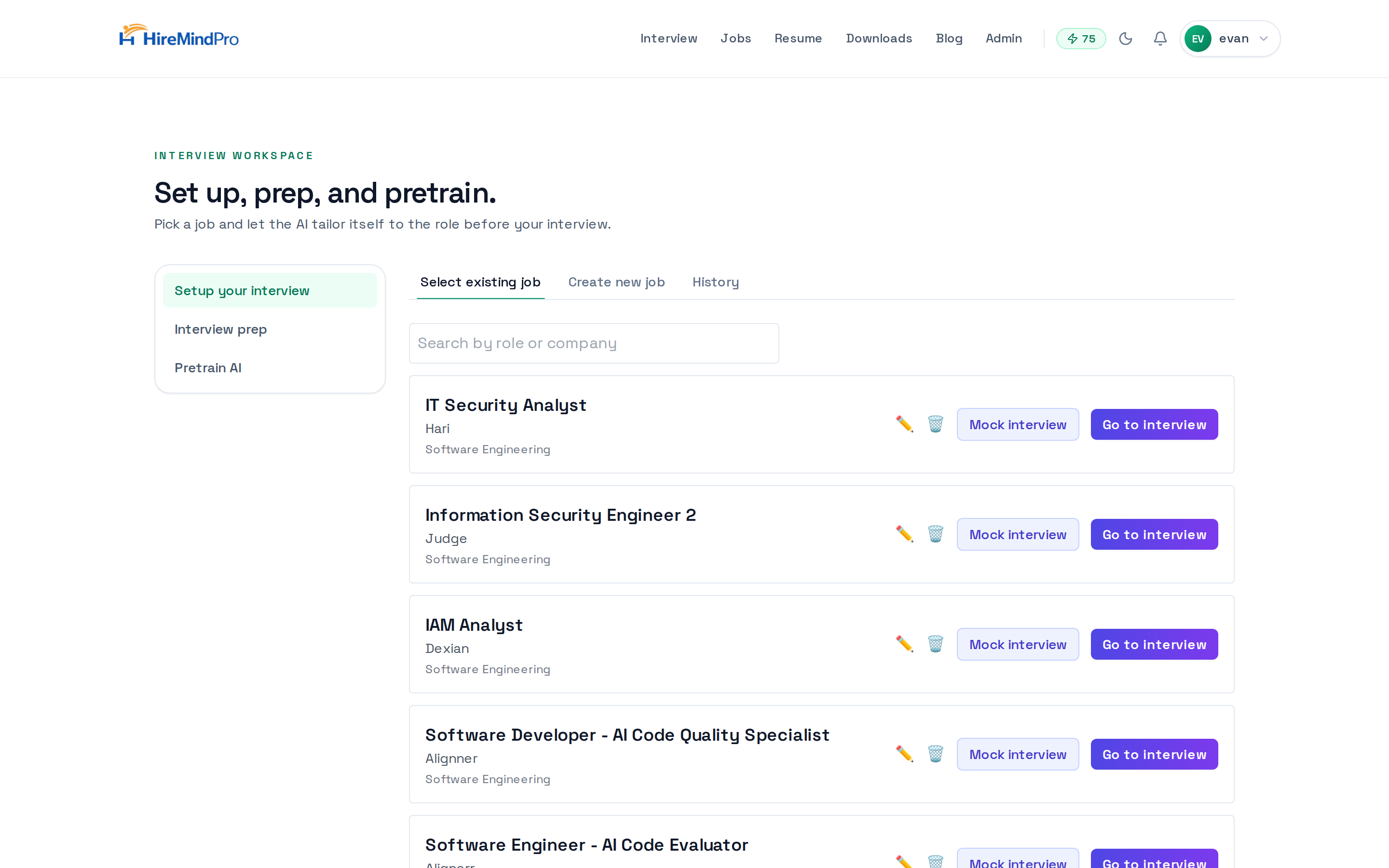 Interview setup: select or create the job you're interviewing for