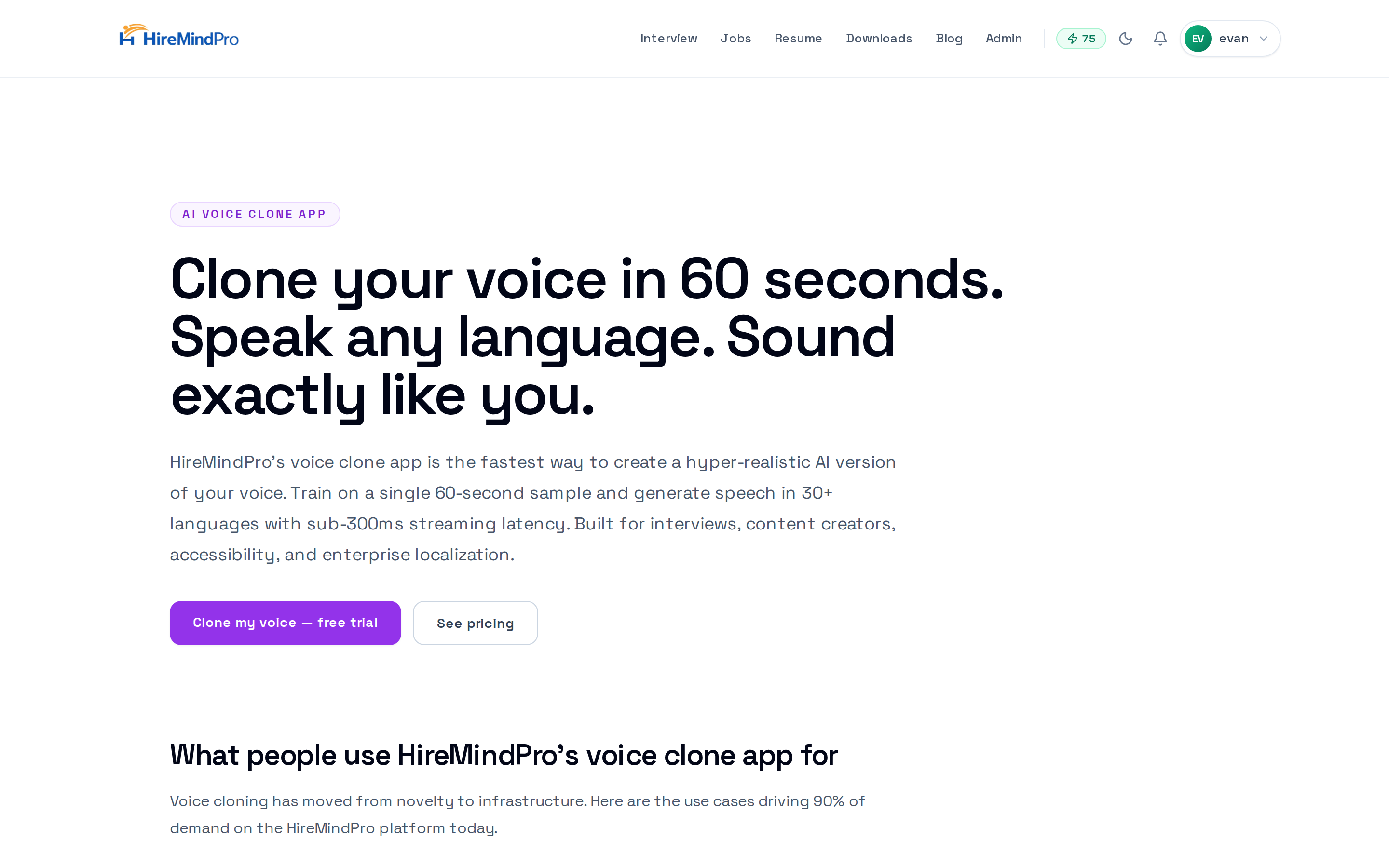 The Voice Clone page (most voice-clone steps run in the HireMindPro desktop app)